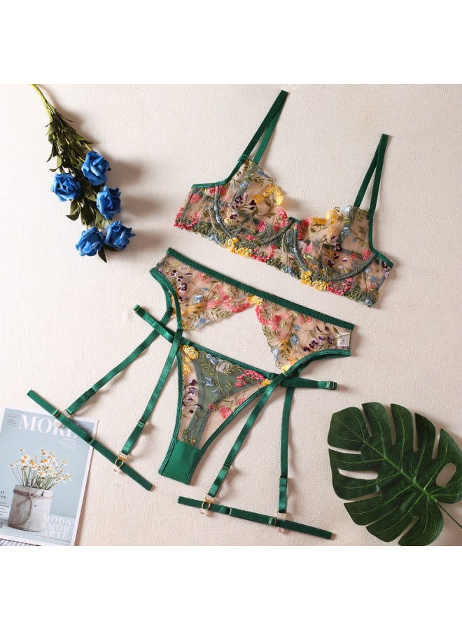 Perspective Yellow Pastoral Floral Bra Garter Belt Thong Leg Ring Three-piece Underwear Set