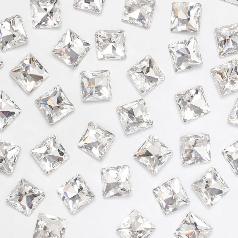 Square Crystal Rhinestones 10MM Clear Point Back Glass Gems Faceted Rhinestones Jewels Embelishments with Silver Plated Back for Crafts Jewelry Making Clothes Shoes Dress 50Pcs