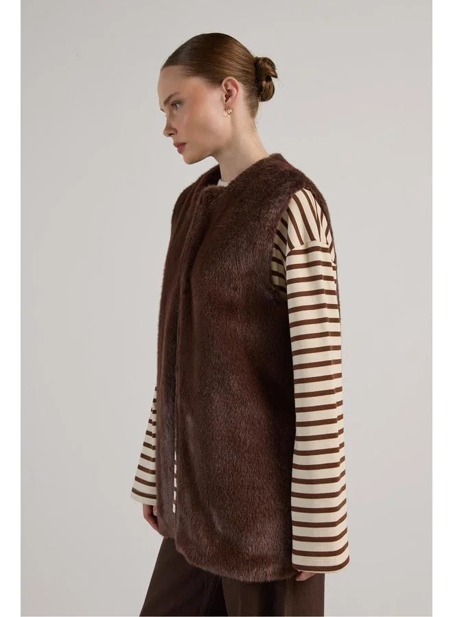 mina aise Women's Coffee Long-Lined Fur Vest 30072.