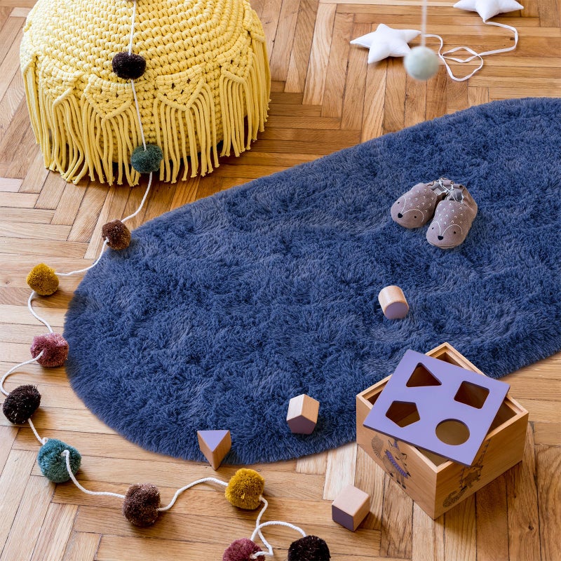 Goideal Fluffy Bedroom Rug  Light Navy Small Rug for Bedroom  Oval Shaggy Bedside Carpet 2.6 x 5.2 Feet Cute Rug for Dorm Kids Room Nursery Home Decor - Image 5