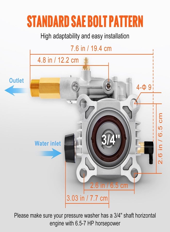 VEVOR Pressure Washer Pump, 3/4" Shaft Horizontal, 3400 PSI, 2.5 GPM, Replacement Power Washer Pumps Kit, Parts Washer Pump, Compatible with Honda, Simpson, RYOBI, Briggs & Stratton, Subaru, Craftsman - Image 3
