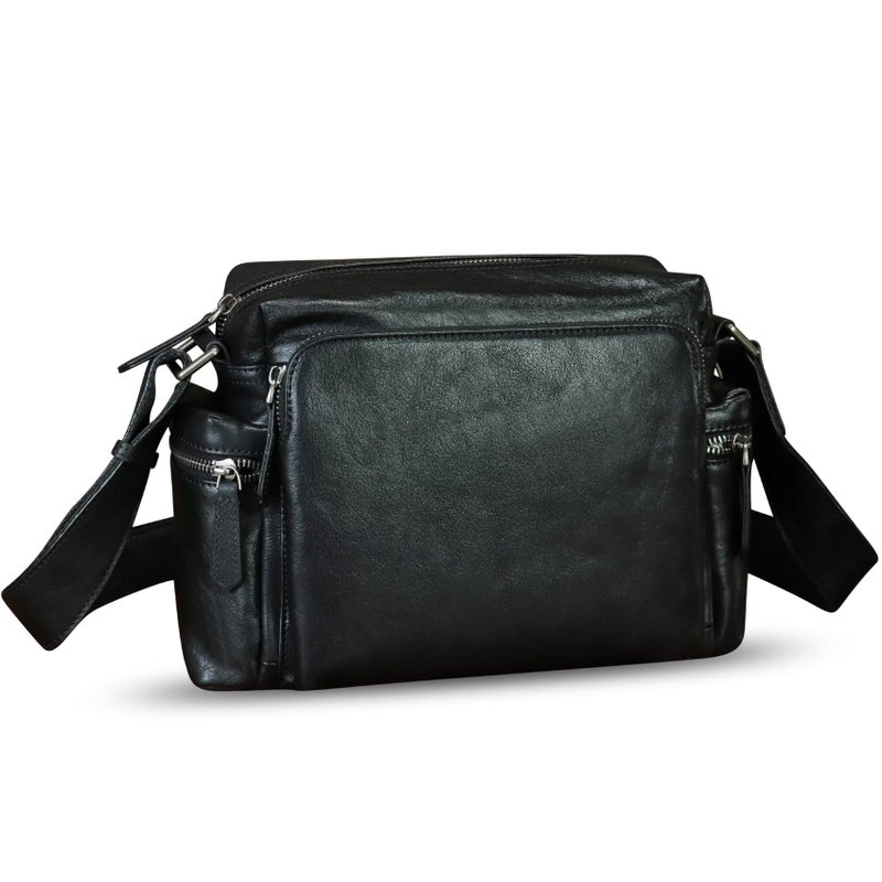 IVTG Genuine Leather Messenger Bag for Men Crossbody Shoulder Bag Satchel Casual Sling Daypack Work Business Bag Black
