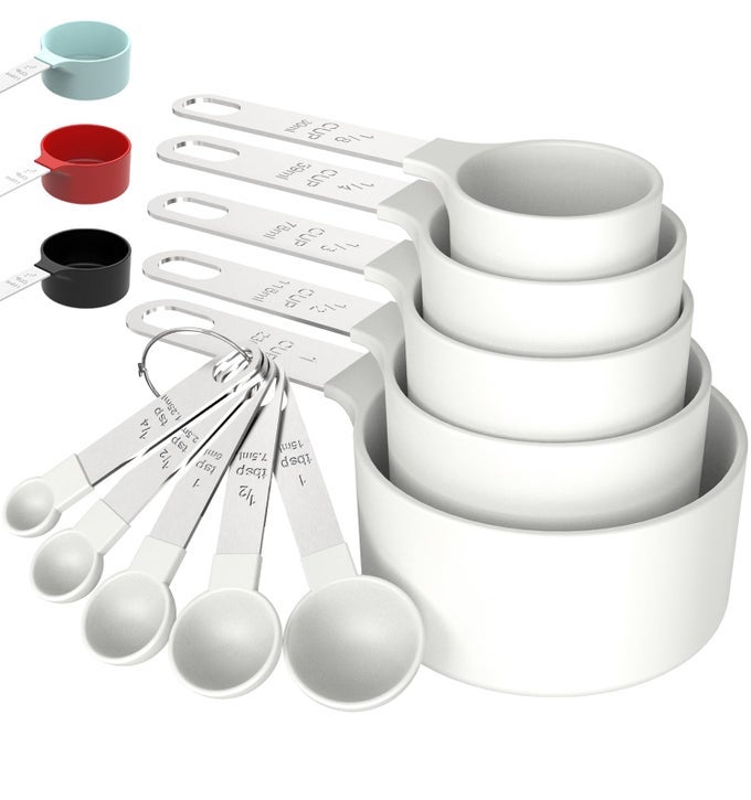 MEASURING CUPS SPOONS SET STACKABLE CUPS AND SPOONS NESTING MEASURE CUPS WITH STAINLESS STEEL HANDLE KITCHEN GADGETS FOR COOKING BAKINGWHITE