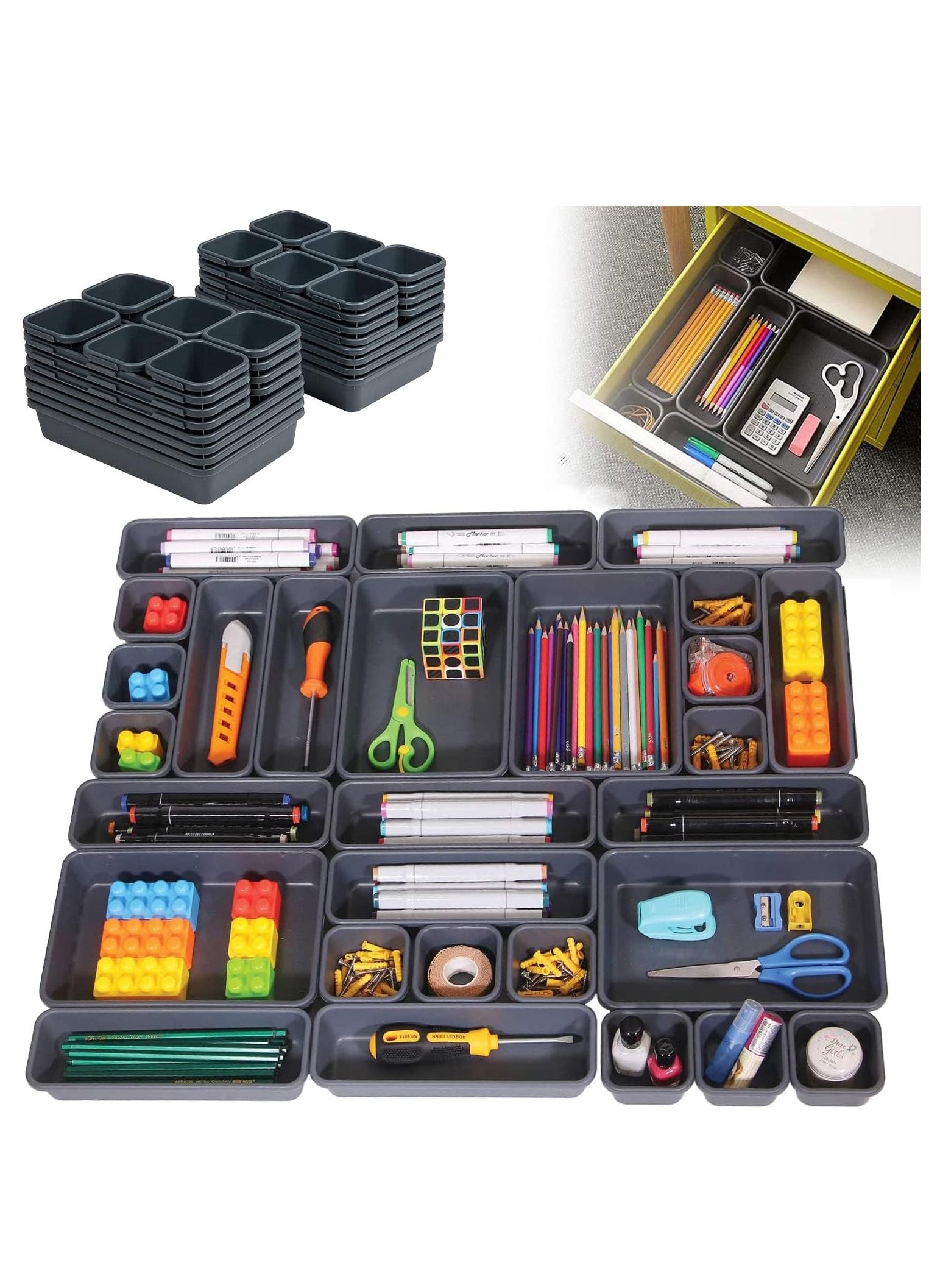 32 PCS Drawer Organisers, Interlocking Desk Organizer Tray, Separators Drawer Divider for Kitchen Bathroom Makeup Office Vanity Bedroom Dresser(Black) 