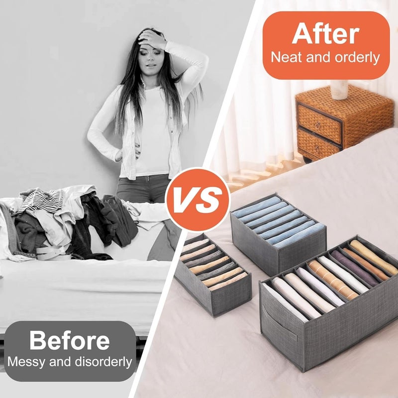 3Pcs Clothes Drawer Organizer Foldable Wardrobe Storage Organiser 7/7/9 Grids Jeans Storage Organiser Washable Drawer Divider for Trousers Pants T-shirt Legging Skirts (L/M/S-Grey) - Image 5