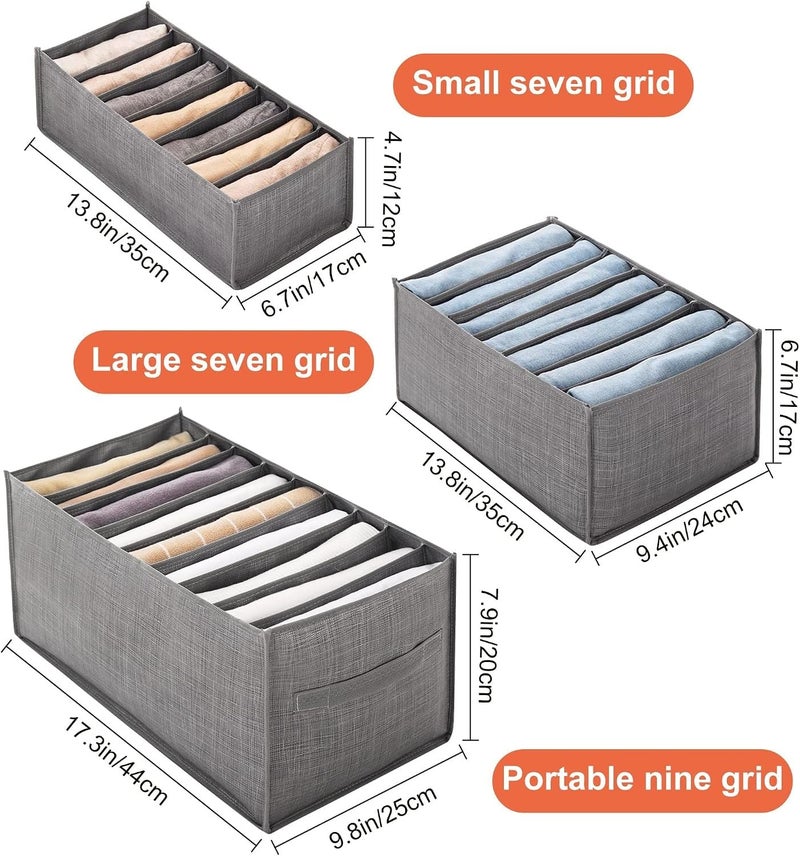 3Pcs Clothes Drawer Organizer Foldable Wardrobe Storage Organiser 7/7/9 Grids Jeans Storage Organiser Washable Drawer Divider for Trousers Pants T-shirt Legging Skirts (L/M/S-Grey) - Image 3