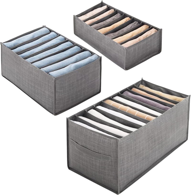 3Pcs Clothes Drawer Organizer Foldable Wardrobe Storage Organiser 7/7/9 Grids Jeans Storage Organiser Washable Drawer Divider for Trousers Pants T-shirt Legging Skirts (L/M/S-Grey) - Image 1