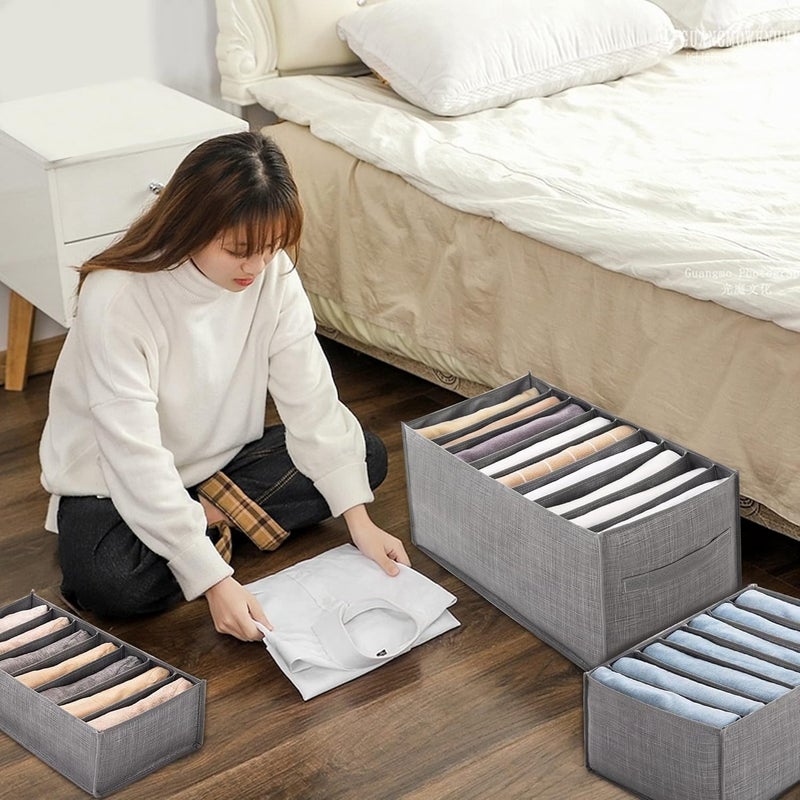 3Pcs Clothes Drawer Organizer Foldable Wardrobe Storage Organiser 7/7/9 Grids Jeans Storage Organiser Washable Drawer Divider for Trousers Pants T-shirt Legging Skirts (L/M/S-Grey) - Image 2