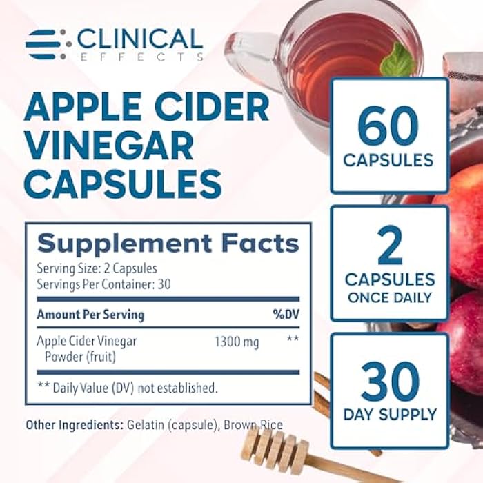 Clinical Effects Apple Cider Vinegar Capsules - 1300mg Pure Apple Cider Vinegar for Weight Management, Heart Health, and Energy Support - 60 Veggie ACV Pills - Made in The USA - Image 2