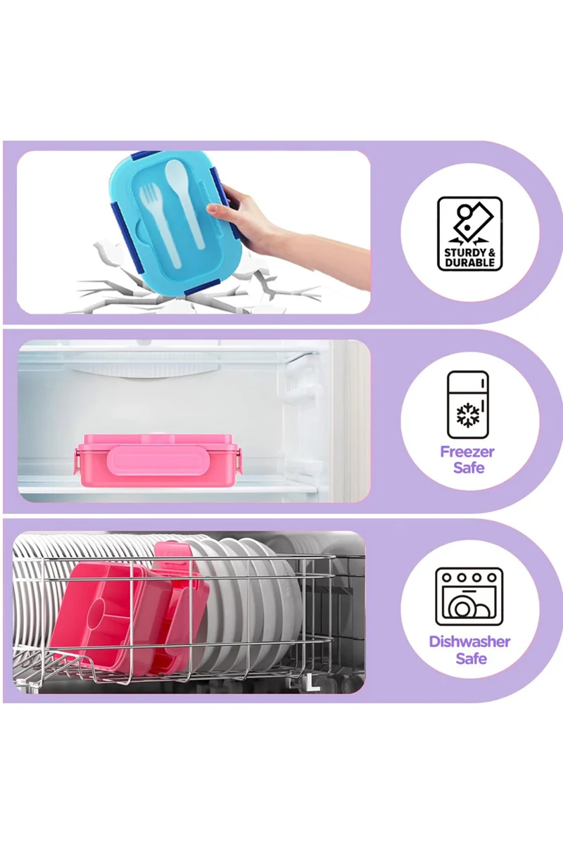 STAR BABiES Star Babies Cute Cat Theme Bento Lunch Box with 4 Compartments, BPA Free, Leak-Proof, Toddler-Friendly, 3 Years+ size 22*16.5*4.85cm, Microwave Safe, Easy to clean, Keep Fresh - Purple