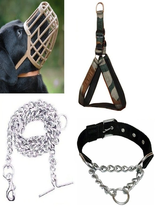 Hachiko Dog Muzzle Adjustable Proper Fetting for Dog Muzzle + Army Harness + Black Choke Collar + Steel Chain for All Large Breed Dogs.(Combo of 4) (Large) - Image 1