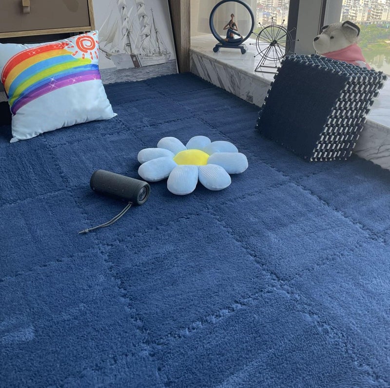 HUIDUO 16 Pcs Kids Foam Interlocking Carpet Tiles with Border, Thick Carpet Squares Plush Floor Playmats Baby Crawling Rug - 49" x 49" (Navy Blue, 16 Tiles) - Image 4
