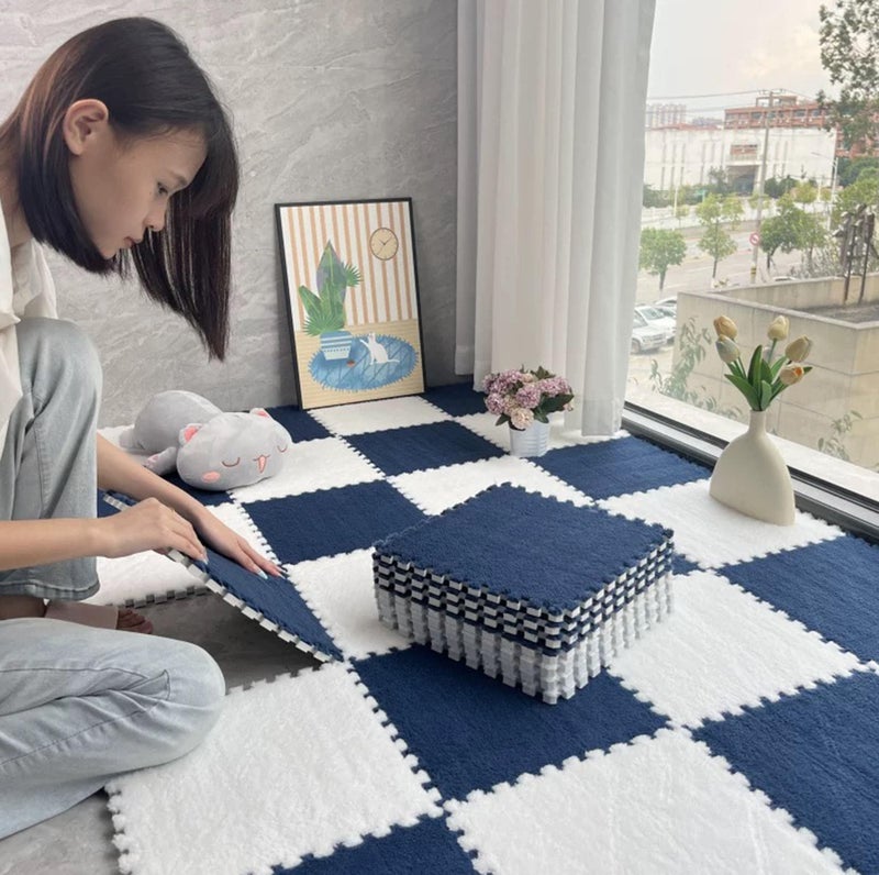 HUIDUO 16 Pcs Kids Foam Interlocking Carpet Tiles with Border, Thick Carpet Squares Plush Floor Playmats Baby Crawling Rug - 49" x 49" (Navy Blue, 16 Tiles) - Image 5