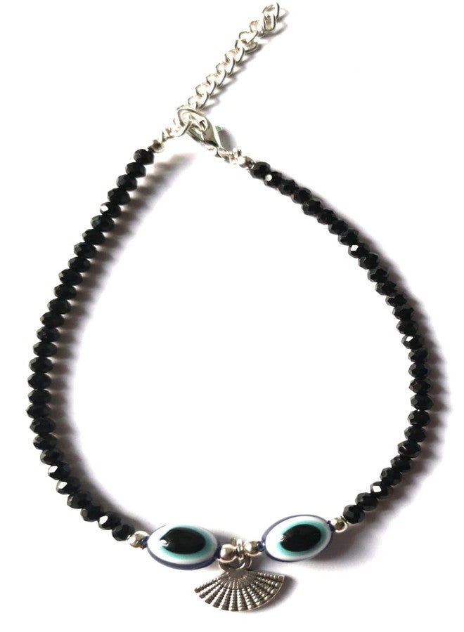 Jyokrish Handmade White Metal black Beads hanging artificial fan evil eye chain anklet For Women | girls | Nazariya |Anklet |Payal | Nazar Battu | single leg |free size - Image 1
