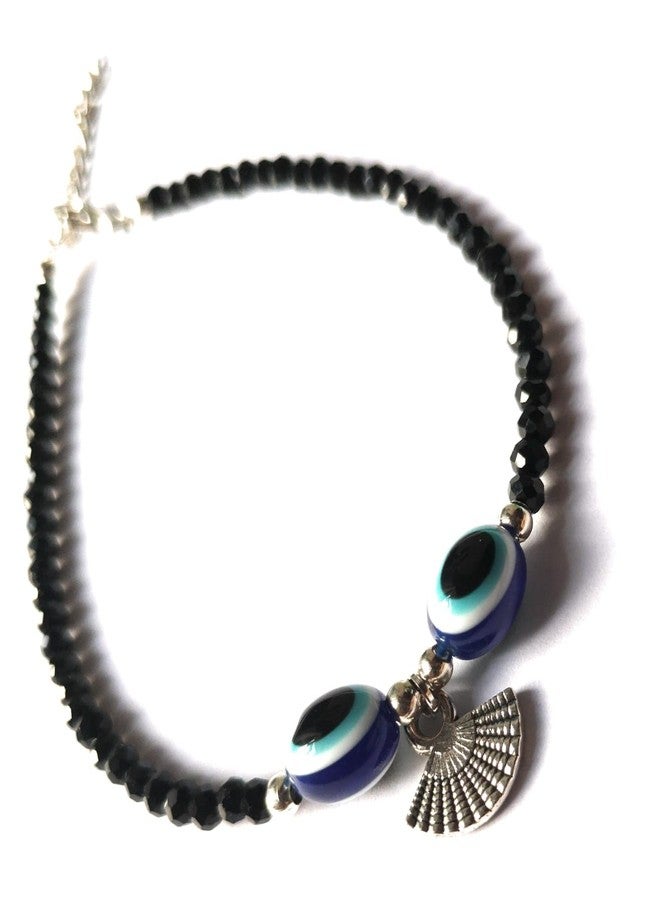 Jyokrish Handmade White Metal black Beads hanging artificial fan evil eye chain anklet For Women | girls | Nazariya |Anklet |Payal | Nazar Battu | single leg |free size - Image 2