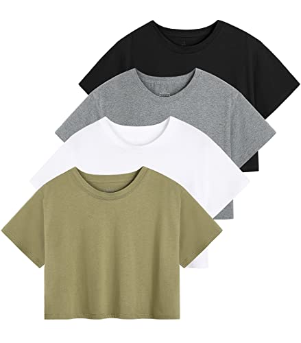 Cosy Pyro 4-Pack Women's Cotton Crop T-Shirts Short Sleeve Solid Cropped Athletic Top Round Neck Casual Workout Yoga Tees Black/Gray/White/Army M - Image 1