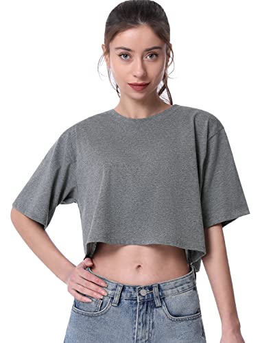 Cosy Pyro 4-Pack Women's Cotton Crop T-Shirts Short Sleeve Solid Cropped Athletic Top Round Neck Casual Workout Yoga Tees Black/Gray/White/Army M - Image 2
