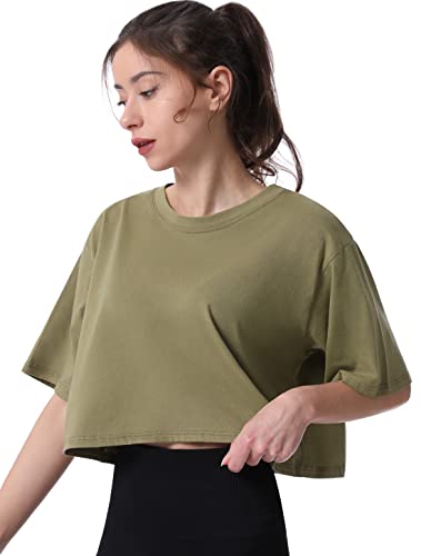 Cosy Pyro 4-Pack Women's Cotton Crop T-Shirts Short Sleeve Solid Cropped Athletic Top Round Neck Casual Workout Yoga Tees Black/Gray/White/Army M - Image 3