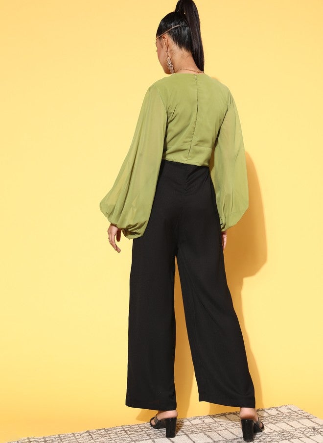 SASSAFRAS Stylish Green Colourblocked Jumpsuit for Women - Image 3