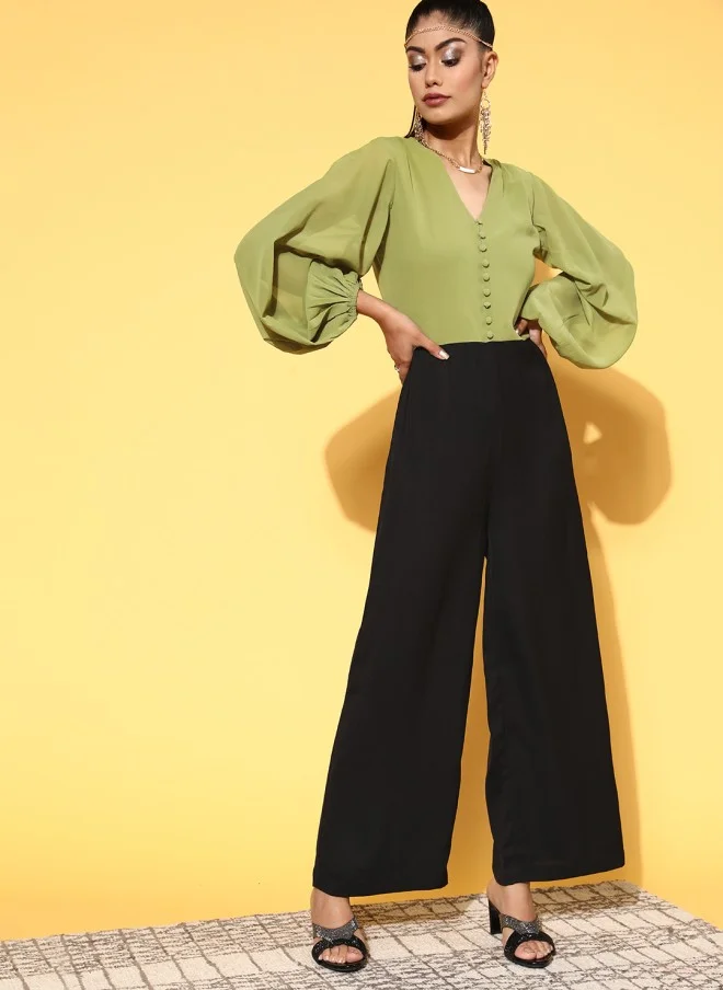 SASSAFRAS Stylish Green Colourblocked Jumpsuit for Women