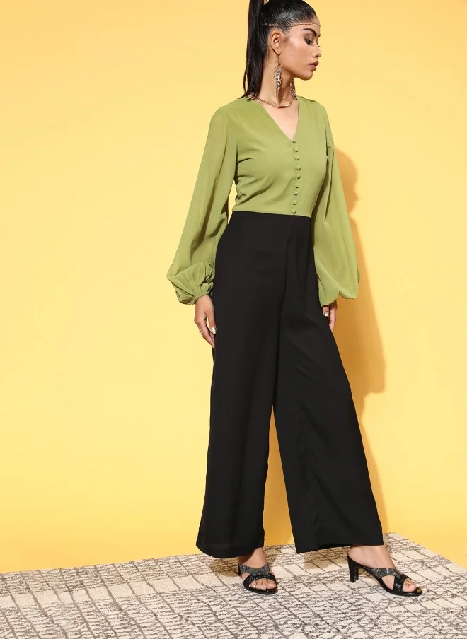 SASSAFRAS Stylish Green Colourblocked Jumpsuit for Women