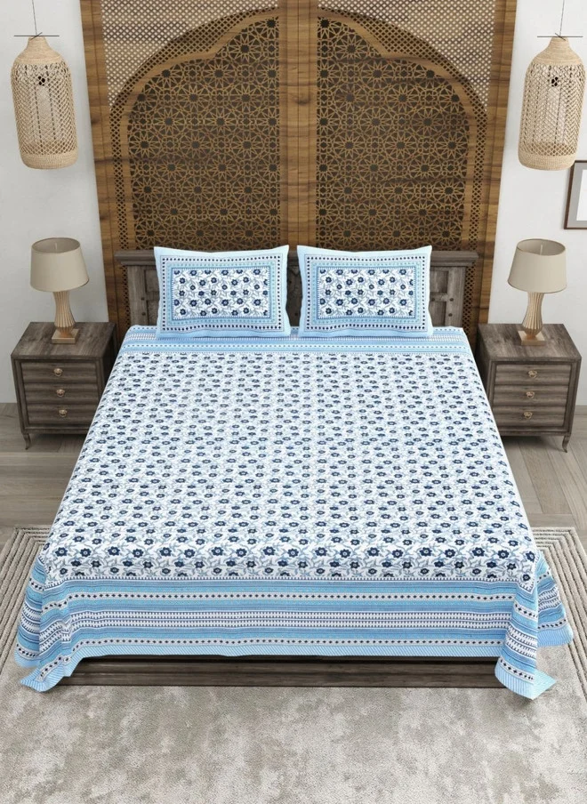 CLOTHOLOGY CLOTHOLOGY White & Blue Printed Pure Cotton 180 TC King Bedsheet Set