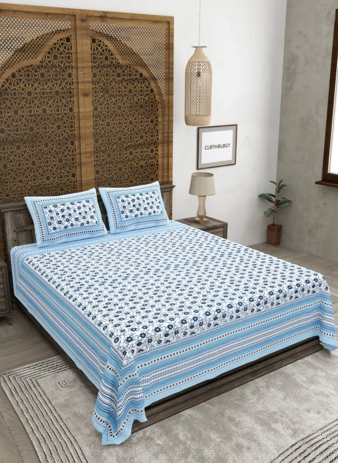 CLOTHOLOGY CLOTHOLOGY White & Blue Printed Pure Cotton 180 TC King Bedsheet Set