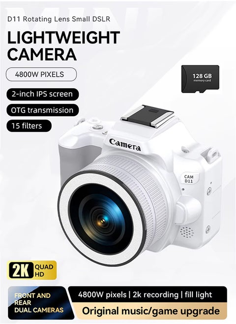 D11 Rotating Lens Digital Camera Dual Camera Mini DSLR for Vlogging Selfie HD Portable Travel Photography, 48MP, 2inch IPS Screen, Auto Focus 16X Zoom with 128G Memory Card