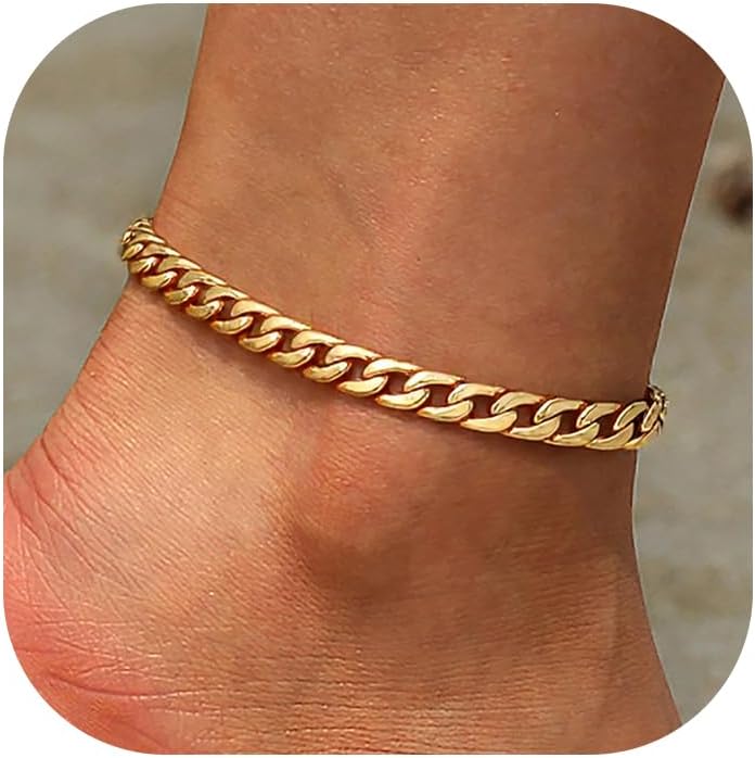 U7 Women Girls Barefoot Jewelry 18K Gold or Rose Gold Stainless Steel Heart/Rope/Figaro/Cuban Chain Anklet Foot Bracelet, 25-30 CM Long - Image 1