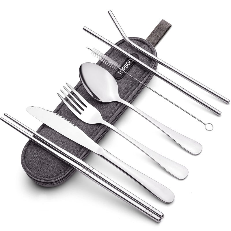 Topbooc مجموعة أدوات المائدة المحمولة المصنوعة من الفولاذ المقاوم للصدأ، مجموعة أدوات المائدة للتخييم والسفر، مجموعة أدوات المائدة الفضية للسفر مع حقيبة مقاومة للماء (فضي) - Image 1