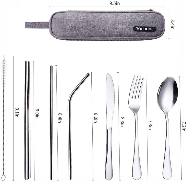 Topbooc مجموعة أدوات المائدة المحمولة المصنوعة من الفولاذ المقاوم للصدأ، مجموعة أدوات المائدة للتخييم والسفر، مجموعة أدوات المائدة الفضية للسفر مع حقيبة مقاومة للماء (فضي) - Image 3