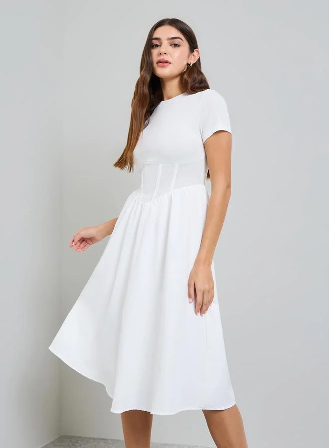 تايك تو Pink Corset Waist A-Line Midi Dress