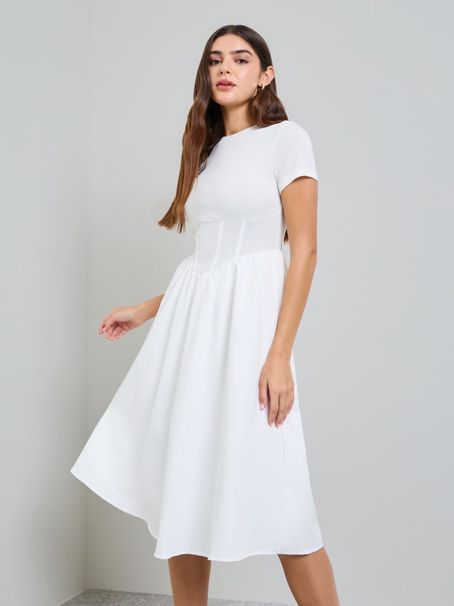 Styli Pink Corset Waist A-Line Midi Dress - Image 1