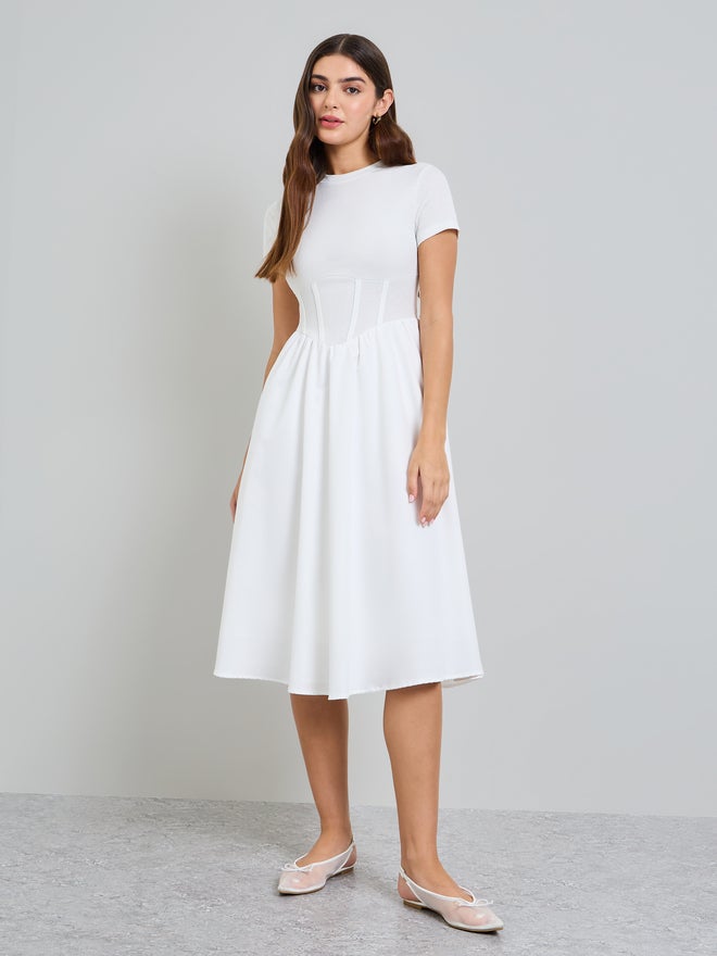 Styli Pink Corset Waist A-Line Midi Dress - Image 3