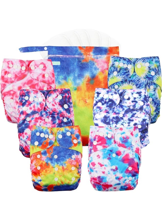Wegreeco Cloth Diapers 6 Pack with 6 Inserts & 1 Wet Bag, Washable Cloth Diapers for Babies, One Size Adjustable Reusable Diapers Baby (Tie-dye) - Image 1