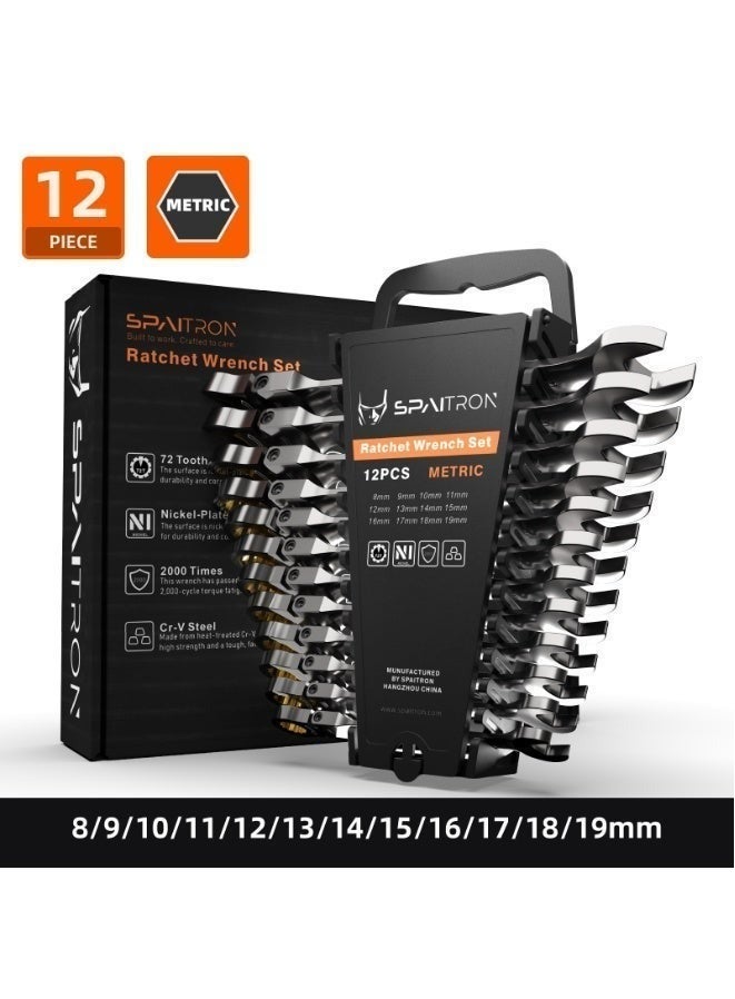 SPAITRON Professional Flex-Head Ratcheting Wrench Set, 12 Piece Metric (6-19mm) - 180° Swivel Head, 72-Teeth CR-V Steel with Nickel-Plated Finish, Heavy Duty Tool Kit with Plastic Storage Rack for Auto & Home DIY - Image 1