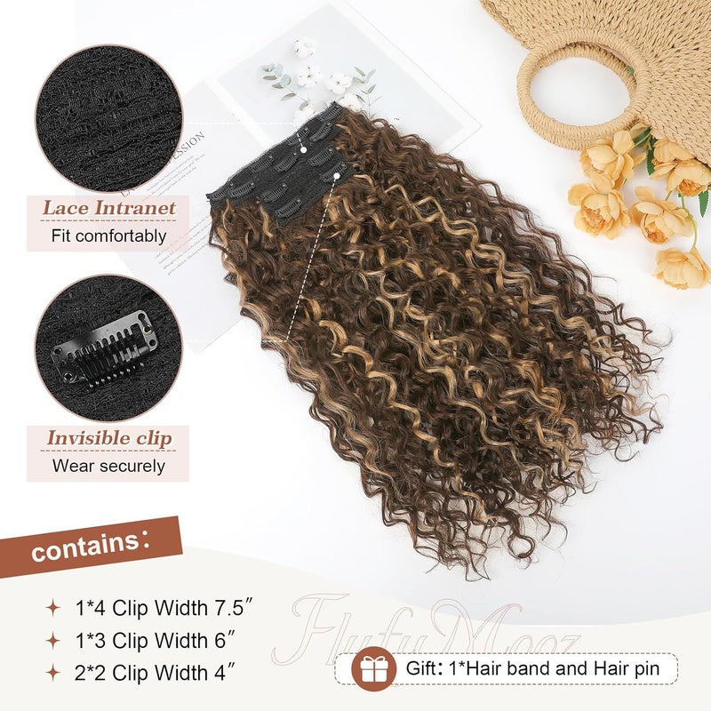 Flufymooz Clip in Hair Extensions, FLUFYMOOZ 4PC 100％ Pure Protein Silk Hair Extensions Long Soft Natural Hairpiece 20 Inch Curly Hairpiece for Women (Dark Golden Brown with Highlight) - Image 4