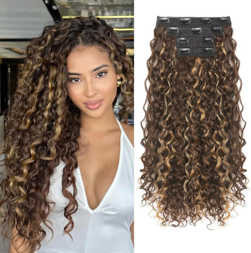 Flufymooz Clip in Hair Extensions, FLUFYMOOZ 4PC 100％ Pure Protein Silk Hair Extensions Long Soft Natural Hairpiece 20 Inch Curly Hairpiece for Women (Dark Golden Brown with Highlight) - Image 1