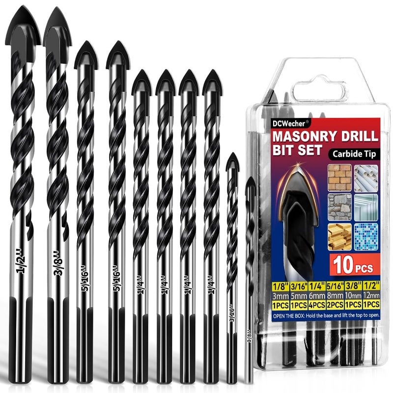 DCWecher 10-PCS Masonry Concrete Drill Bit Set, Heavy-Duty Masonry Drill Bits for Concrete, Brick, Tile, Cement, Carbide Tip (1/8" to 1/2") - Image 1