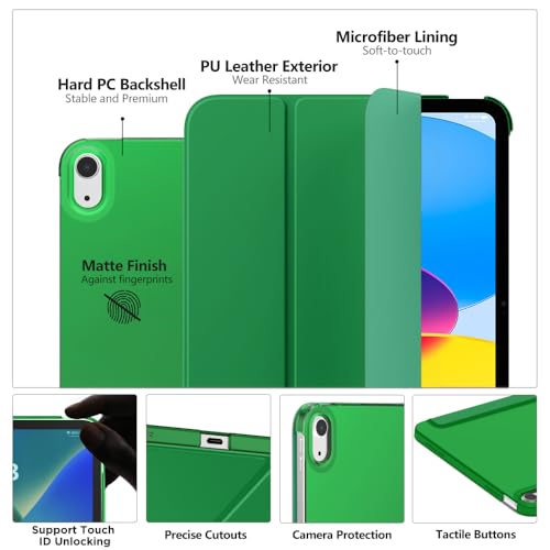MoKo for iPad (A16) 11th Generation Case 11 Inch 2025, iPad 10th Generation Case 10.9 Inch 2022, Slim Stand Hard PC Translucent Back Shell Smart Cover, Support Touch ID, Auto Wake/Sleep, Forest Green - Image 3