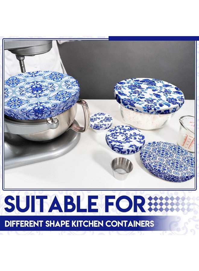 CHENGU 12 Pcs Reusable Bowl Covers Bulk Elastic Cloth Fabric Bowl Cover for Bread Proof Rising Sourdough 5 Size Dish Food Stretchy Storage Cover (Blue,Blue Ceramic Style) - Image 3