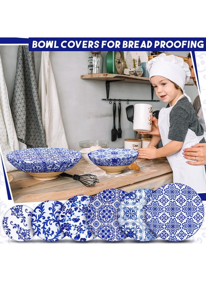 CHENGU 12 Pcs Reusable Bowl Covers Bulk Elastic Cloth Fabric Bowl Cover for Bread Proof Rising Sourdough 5 Size Dish Food Stretchy Storage Cover (Blue,Blue Ceramic Style) - Image 4