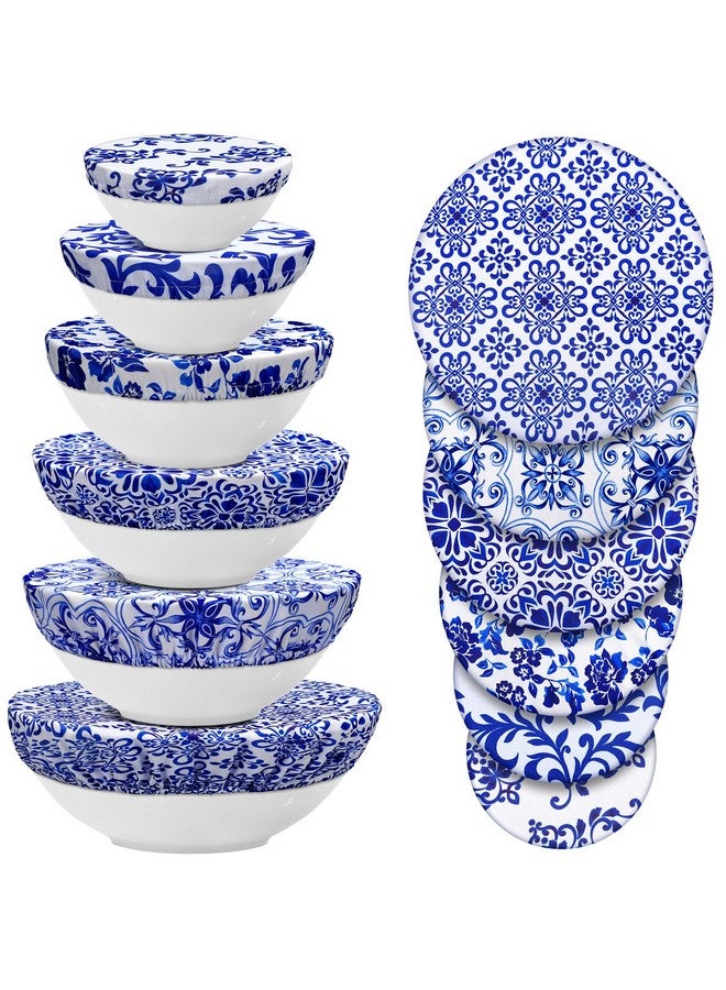 CHENGU 12 Pcs Reusable Bowl Covers Bulk Elastic Cloth Fabric Bowl Cover for Bread Proof Rising Sourdough 5 Size Dish Food Stretchy Storage Cover (Blue,Blue Ceramic Style) - Image 1
