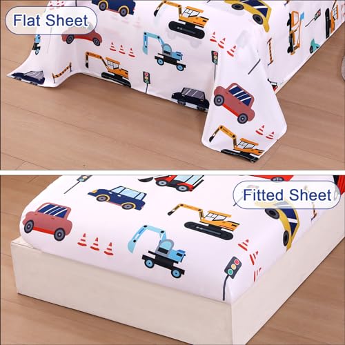 Wowelife Cars Toddler Bedding Sets for Boys, 4 Pieces Toddler Comforter Bed Set, Truck Vehicles Excavator Cars Printed All Season with Comforter, Flat Sheet, Fitted Sheet and Pillowcase, Blue White - Image 5