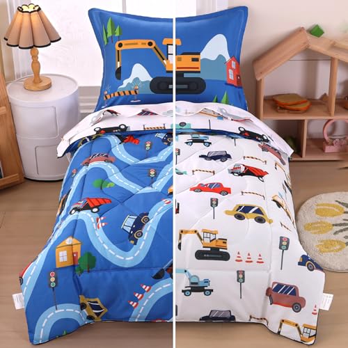Wowelife Cars Toddler Bedding Sets for Boys, 4 Pieces Toddler Comforter Bed Set, Truck Vehicles Excavator Cars Printed All Season with Comforter, Flat Sheet, Fitted Sheet and Pillowcase, Blue White - Image 1