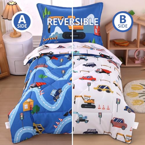 Wowelife Cars Toddler Bedding Sets for Boys, 4 Pieces Toddler Comforter Bed Set, Truck Vehicles Excavator Cars Printed All Season with Comforter, Flat Sheet, Fitted Sheet and Pillowcase, Blue White - Image 3