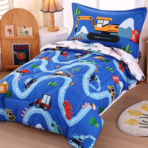 Wowelife Cars Toddler Bedding Sets for Boys, 4 Pieces Toddler Comforter Bed Set, Truck Vehicles Excavator Cars Printed All Season with Comforter, Flat Sheet, Fitted Sheet and Pillowcase, Blue White - Image 2
