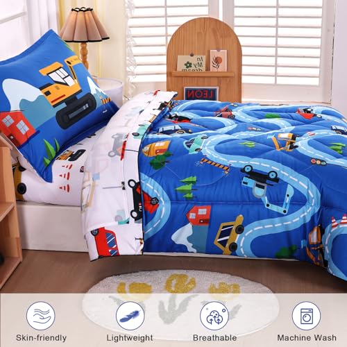 Wowelife Cars Toddler Bedding Sets for Boys, 4 Pieces Toddler Comforter Bed Set, Truck Vehicles Excavator Cars Printed All Season with Comforter, Flat Sheet, Fitted Sheet and Pillowcase, Blue White - Image 4