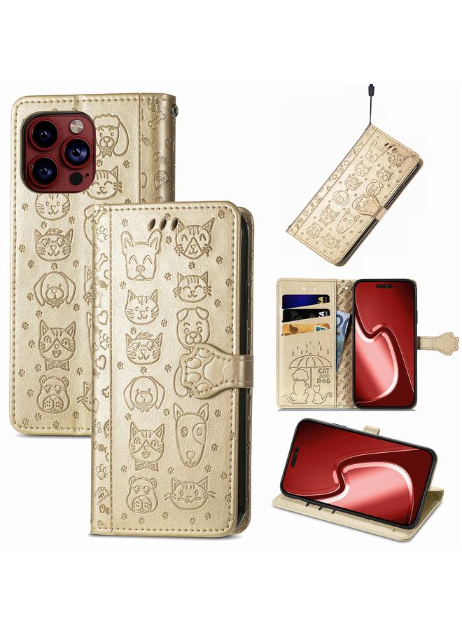 اس-توب جراب لهاتف iPhone 15 Pro Max مصنوع من الجلد المنقوش بنقشة قطة وكلب - Image 1