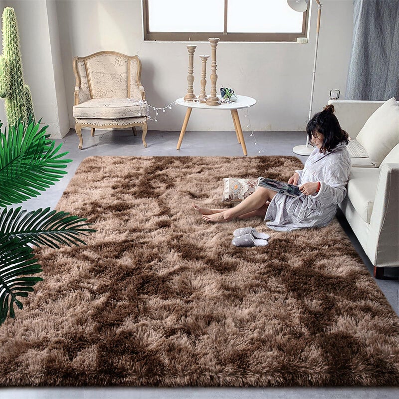 DweIke Fluffy Brown Rugs for Bedroom Living Room 4x6 Feet Soft Plush Shaggy TieDyed Dark Coffee Girls Boys Kids Rug Upgraded NonSlip and Machine Washable Carpet for Dorm Nursery Classroom Decor